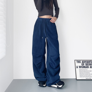 慵懒风显瘦糯米裤 2025冬季 胖mm压褶仿羊绒阔腿裤 女大码 保暖毛毛裤