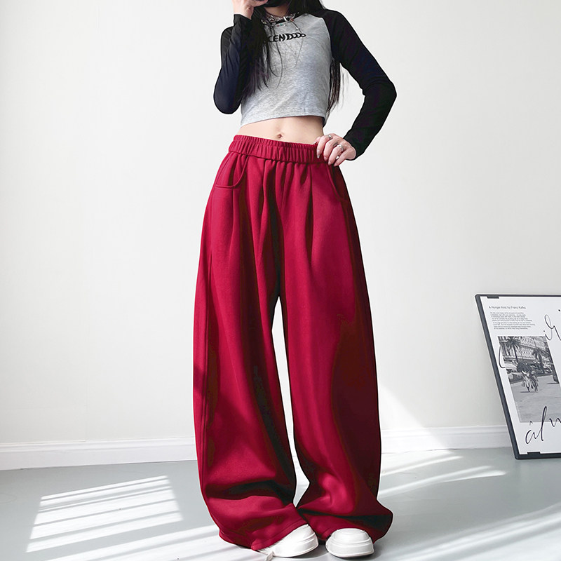 大码宽松显瘦加绒阔腿裤女冬季胖mm慵懒风遮肉拖地红色休闲运动裤,女装/女士精品,大码裤装,淘宝优惠券,粉丝福利购,淘宝优惠卷