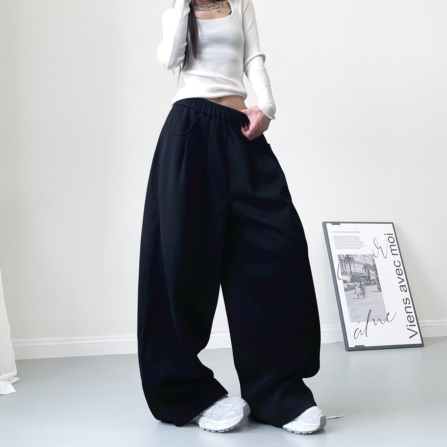 黑色高腰软糯拖地阔腿裤女春季新款大码胖mm显瘦慵懒风运动休闲裤,女装/女士精品,大码裤装,淘宝优惠券,粉丝福利购,淘宝优惠卷