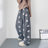 大码 加厚加绒保暖胖mm香蕉毛毛裤 可爱风刺绣毛绒小花阔腿裤 女冬季