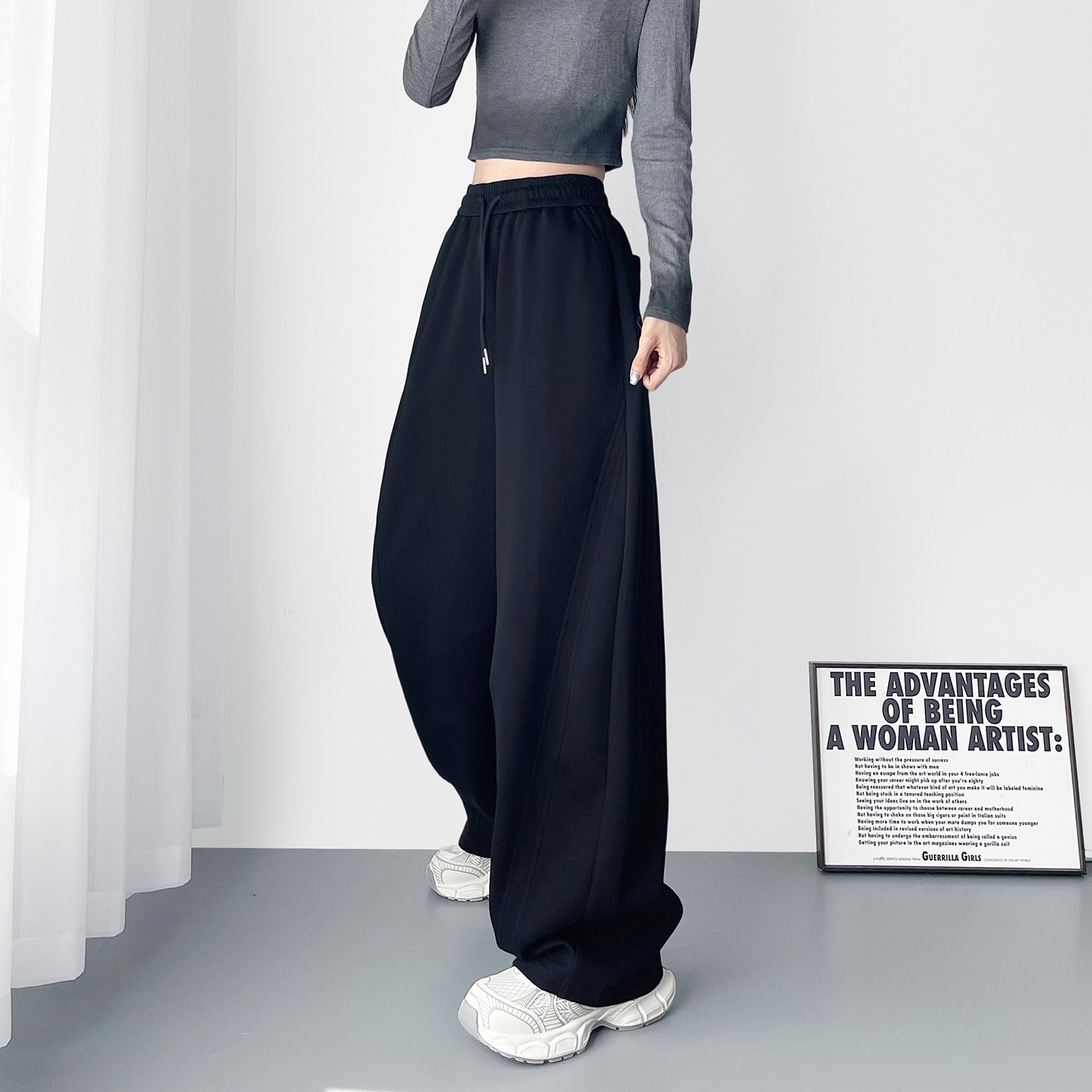 大码宽松美式黑色运动阔腿裤女春季新款胖mm显瘦慵懒风香蕉弯刀裤,女装/女士精品,大码裤装,淘宝优惠券,粉丝福利购,淘宝优惠卷