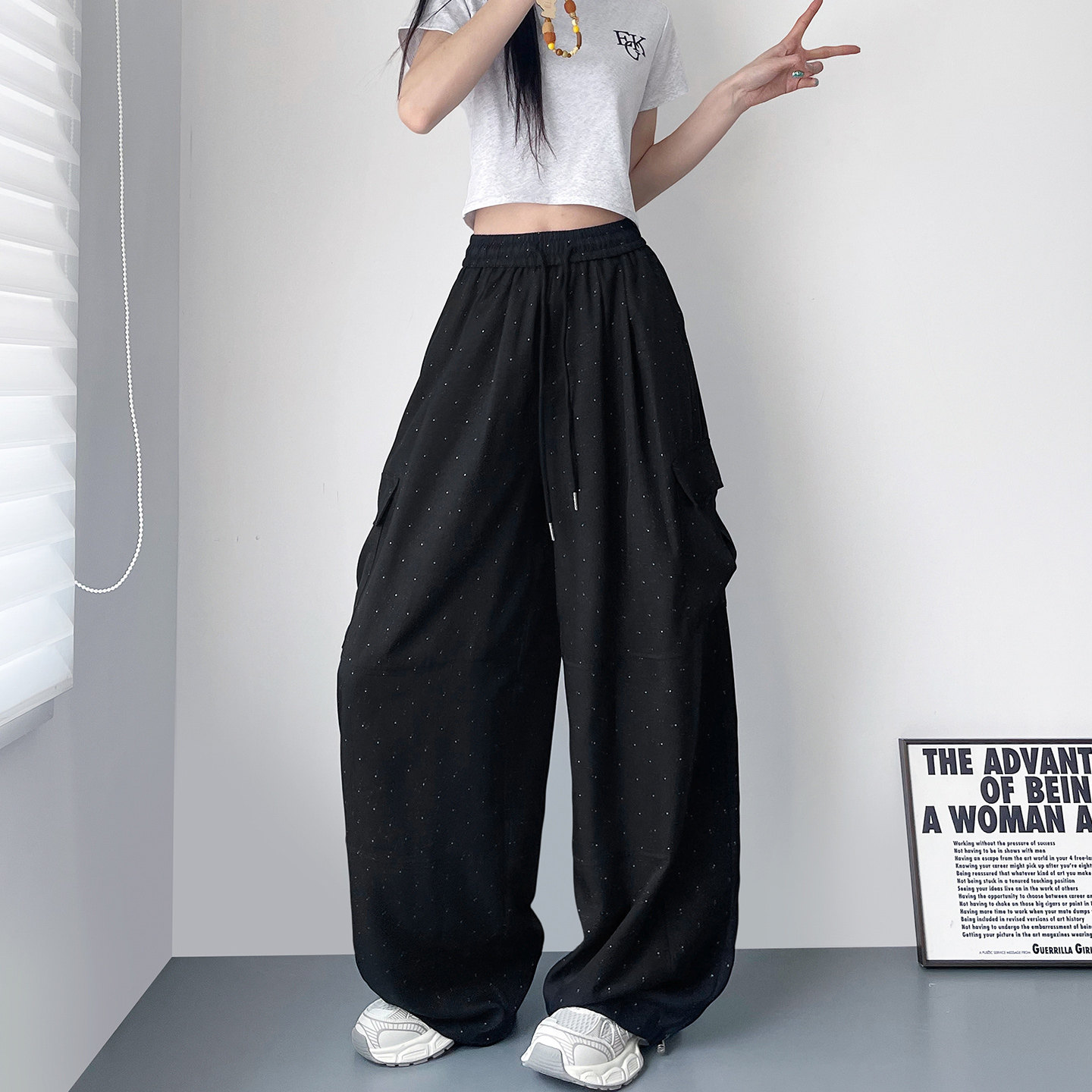 波点阔腿裤女夏薄款高腰显瘦遮肉垂感大码休闲运动弯刀加长防晒裤