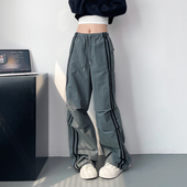 机能工装 胖mm宽松显瘦阔腿裤 裤 美式 女秋季 大码 又a又飒伞兵休闲裤