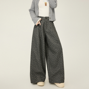 大码设计感小碎花高腰西装裤女胖mm显瘦藏肉慵懒风宽松垂感阔腿裤