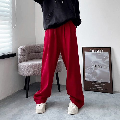 蜜略红色高腰显瘦阔腿裤女秋冬季