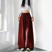 红棕色宽松口袋工装 大码 裤 美式 女2025秋季 新款 微胖女孩显瘦阔腿裤