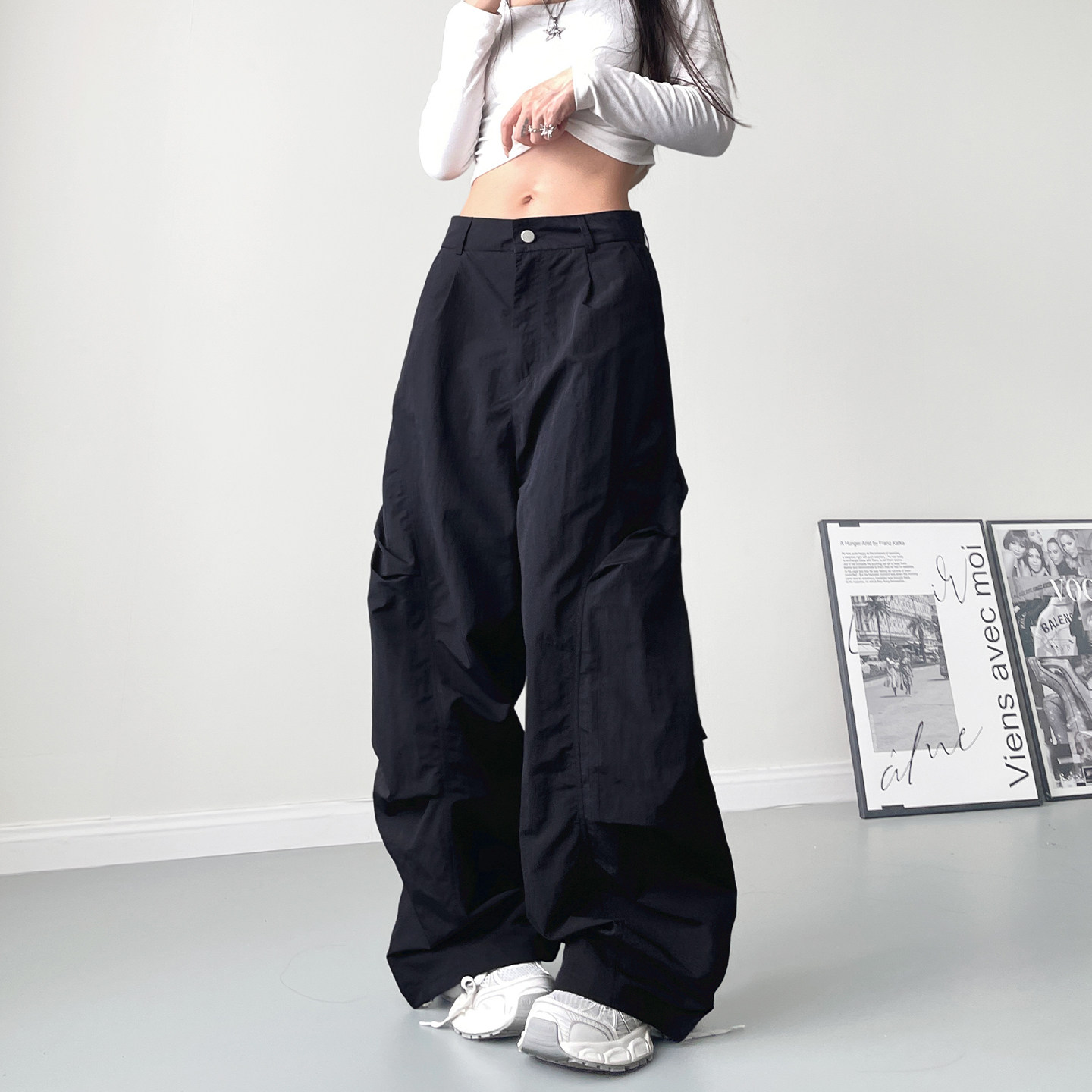 大码压褶运动机能工装裤女春季新款胖mm酷飒拽姐宽松显瘦阔腿裤子,女装/女士精品,大码裤装,淘宝优惠券,粉丝福利购,淘宝优惠卷