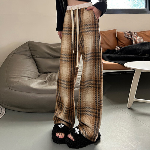 蜜略高腰复古格子休闲裤女秋冬