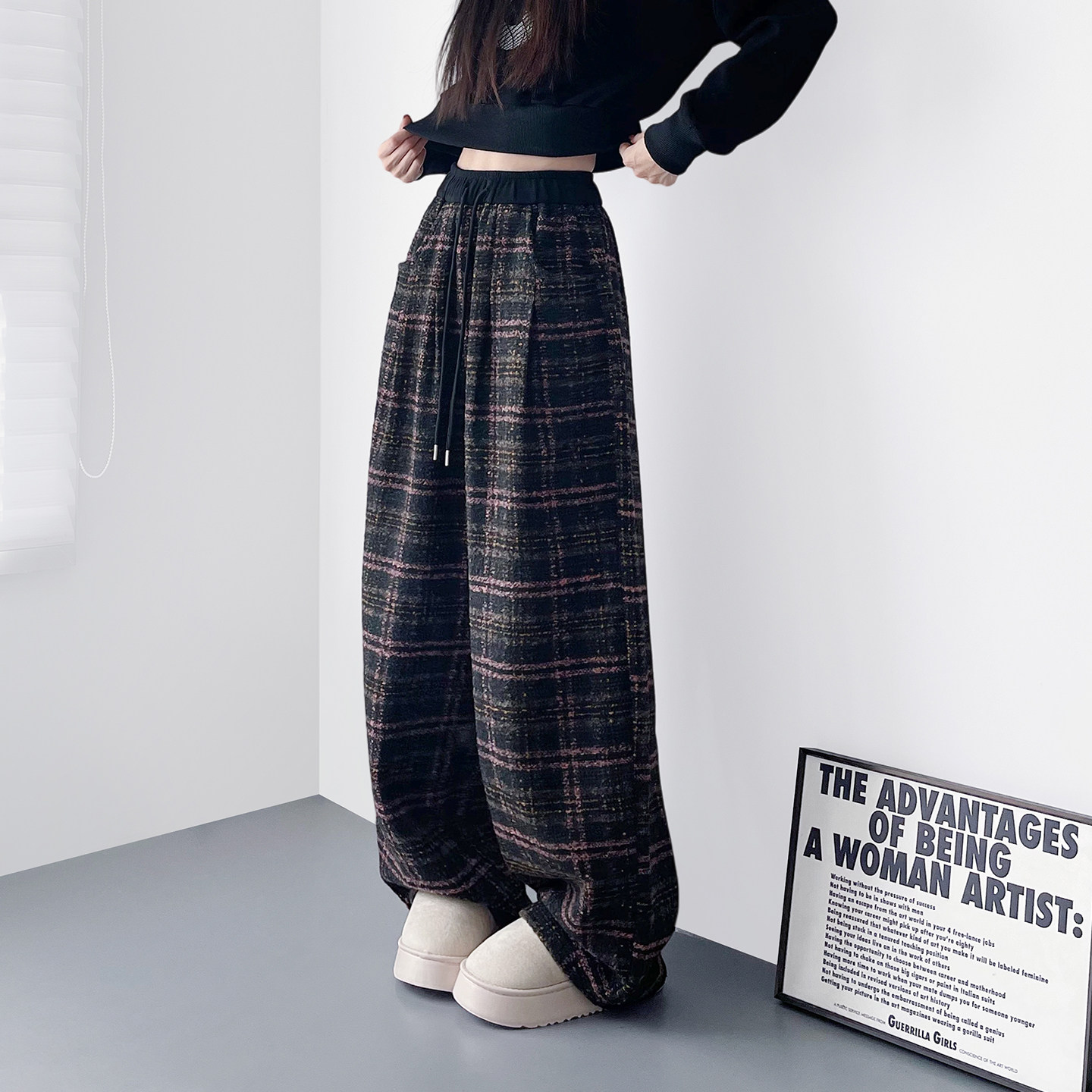 大码冬季保暖羊毛格纹毛呢阔腿裤女胖mm慵懒保暖显瘦香蕉裤弯刀裤,女装/女士精品,大码裤装,淘宝优惠券,粉丝福利购,淘宝优惠卷