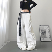 胖mm慵懒风垂感休闲长裤 大码 女秋季 新款 设计感个性 格子腰带阔腿裤