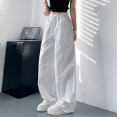 女夏季 轻薄显瘦遮肉阔腿裤 胖mm高腰褶皱运动工装 白色不透速干裤 裤