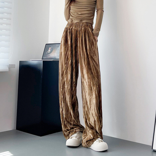垂感拖地休闲裤 金丝绒乱褶皱休闲裤 胖mm宽松显瘦慵懒裤 女秋季 大码