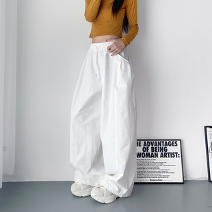 大码白色大裤腿阔腿裤女秋季新款胖mm显瘦200斤慵懒风运动长裤子
