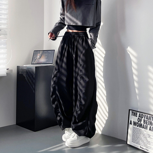 休闲阔腿裤 裤 女秋季 高腰抽绳显瘦工装 子 胖mm褶皱休闲运动裤 大码