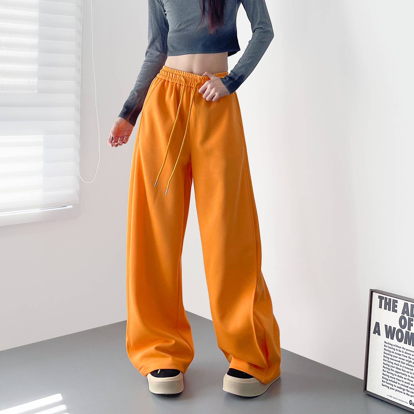 蜜略大码宽松胖MM秋季纯色阔腿裤