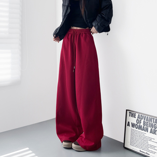 女2025冬天胖mm显瘦运动慵懒风休闲弯刀裤 大码 保暖加绒软糯阔腿裤