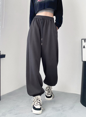 深灰色运动裤女秋冬大码胖mm宽松休闲裤显瘦加绒直筒阔腿束脚卫裤