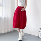 宽松美式 红色冰丝速干七分裤 女夏季 大码 胖mm显瘦遮肉休闲阔腿短裤