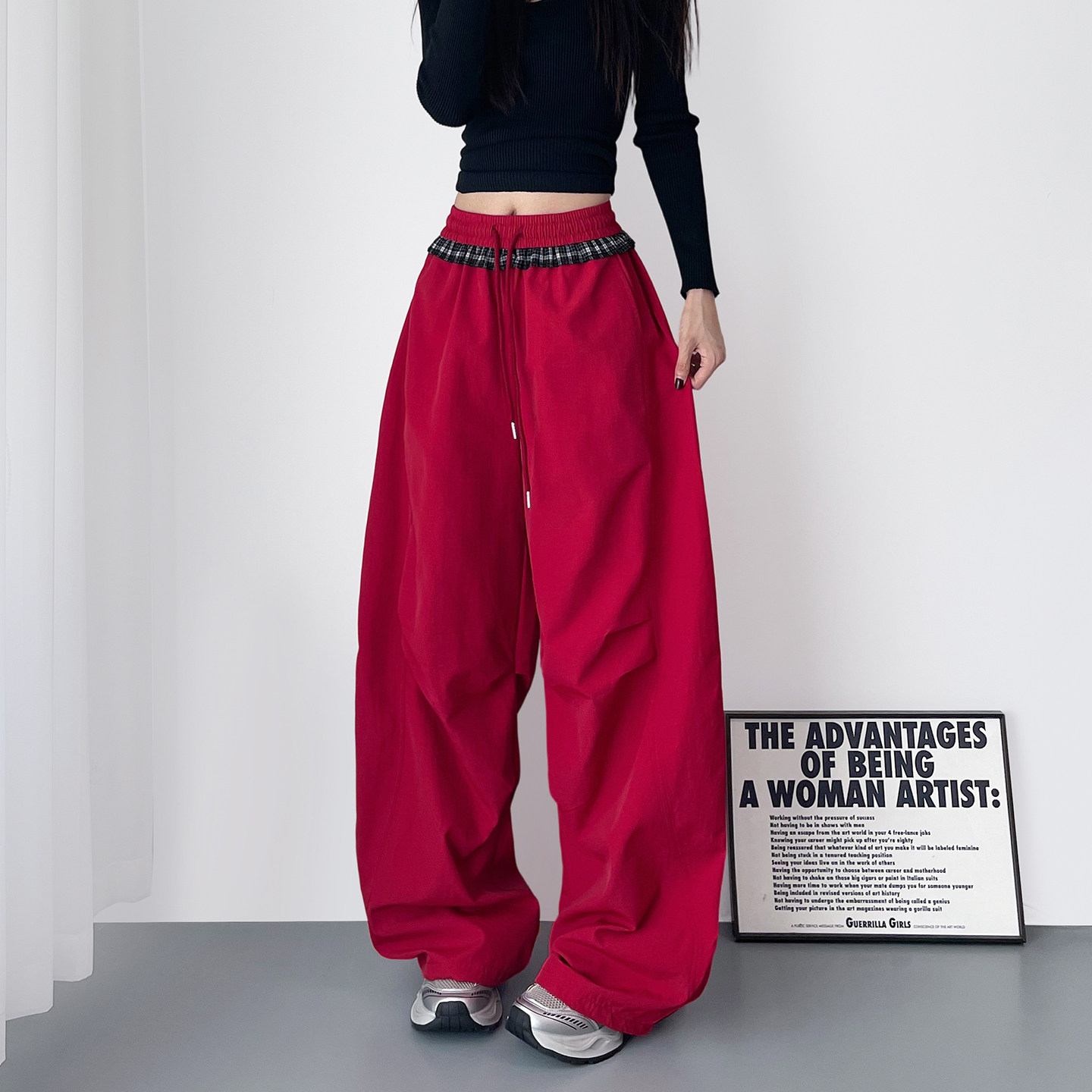 大码红色压褶阔腿裤春季新款胖mm设计感拼接格子显瘦大裤腿运动裤,女装/女士精品,大码裤装,淘宝优惠券,粉丝福利购,淘宝优惠卷