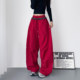 腿运动裤 大码 新款 胖mm设计感拼接格子显瘦大裤 红色压褶阔腿裤 春季