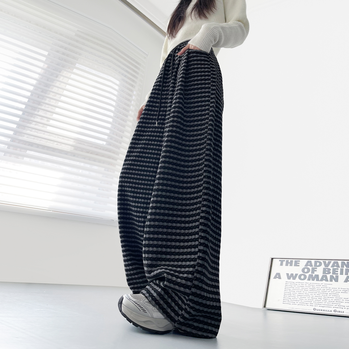 蜜略大码胖mm条纹阔腿裤梨形身材