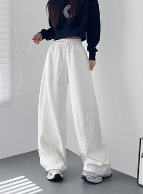 大码白色奶芙慵懒风运动卫裤女冬季胖mm显瘦宽松加绒阔腿弯刀裤子