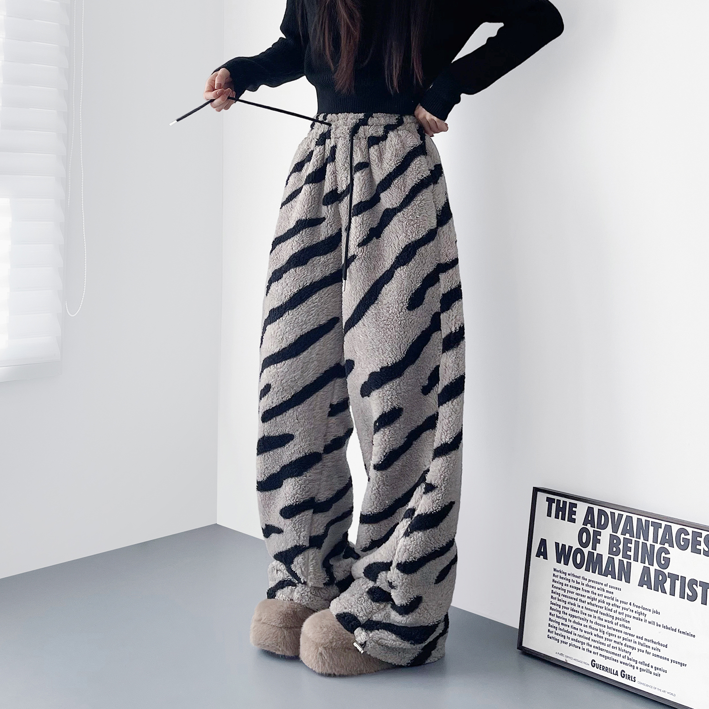 蜜略大码宽松胖MM冬季斑马纹卫裤