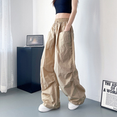 冰丝速干工装 胖mm宽松显瘦阔腿裤 裤 薄款 女夏季 大码 高腰抽绳直筒裤