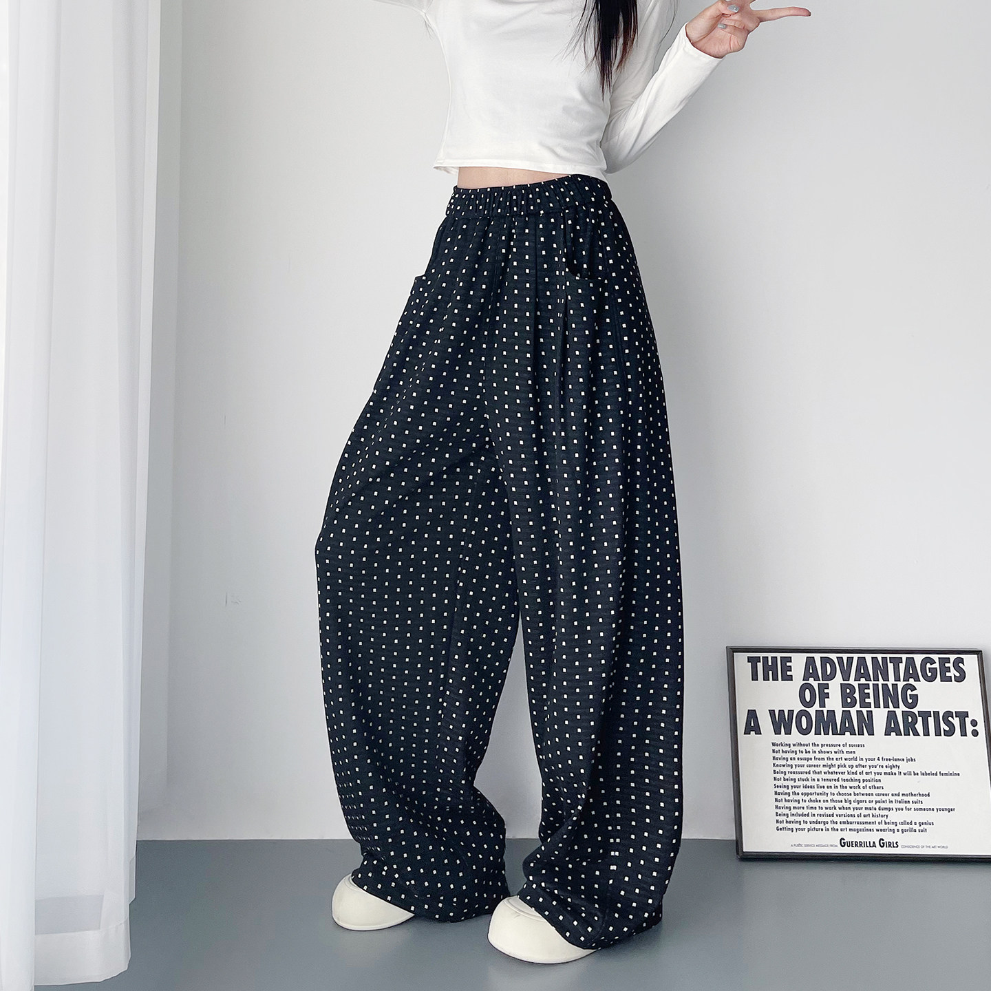 大码波点印花阔腿裤女2026春季新款胖mm宽松显瘦慵懒风休闲运动裤