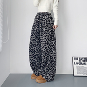 个性 拽姐灰色豹纹加绒阔腿裤 女冬季 大码 保暖加厚显瘦不臃肿弯刀裤