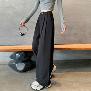女春季 裤 新款 宽松显瘦遮肉阔腿裤 大码 胖mm高腰纽扣束脚休闲裤 西装