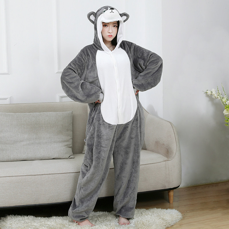 春秋冬季成人男女哈士奇连体睡衣 可爱卡通动漫 成年情侣动物睡衣