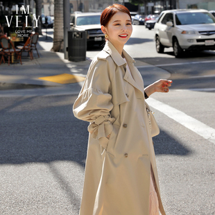 imvely风衣女中长款英伦风2019初秋新款韩版宽松灯笼袖小翻领外套