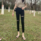 小个子机车裤 女高腰紧身显瘦小脚铅笔裤 纯黑破洞牛仔裤 2025秋新款