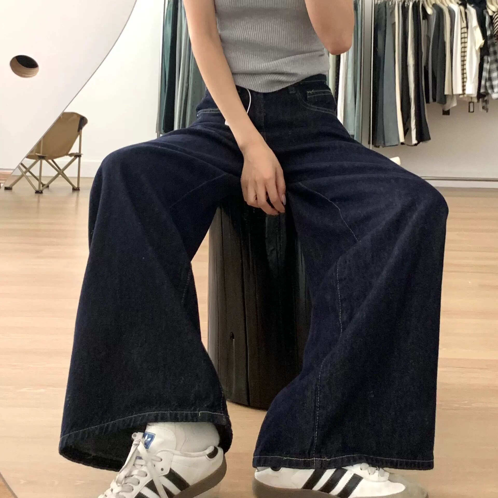 丹宁深蓝牛仔裤女2026春季新款高腰显瘦美式复古弯刀裤拖地小个子