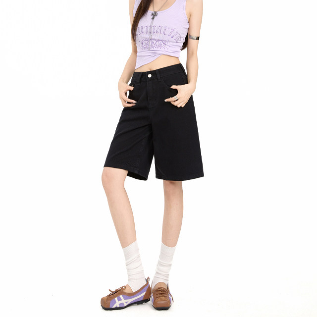 黑色高腰五分牛仔裤女2026夏季新款显瘦小个子设计感直筒中裤薄款图片