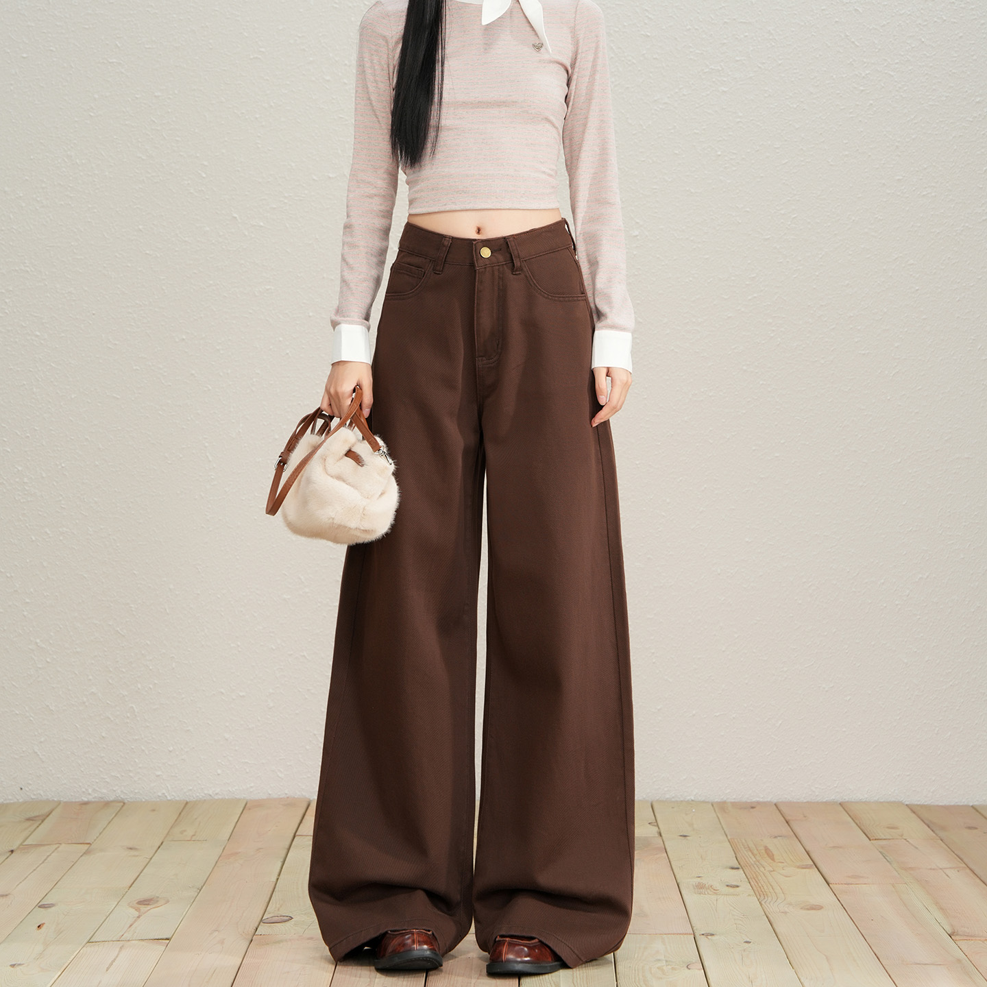 新款咖色牛仔裤女宽松显瘦