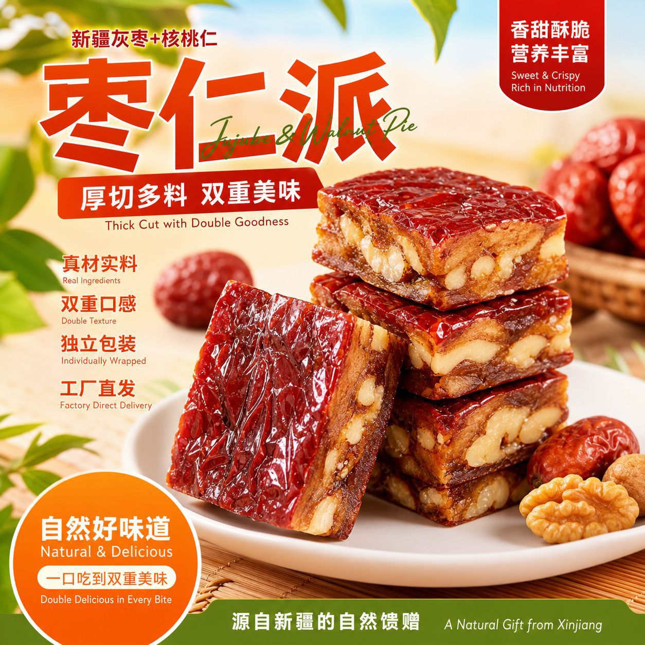 山姆冠名新疆枣仁派若羌灰枣夹核桃仁派 独立包装多加核桃仁厚切