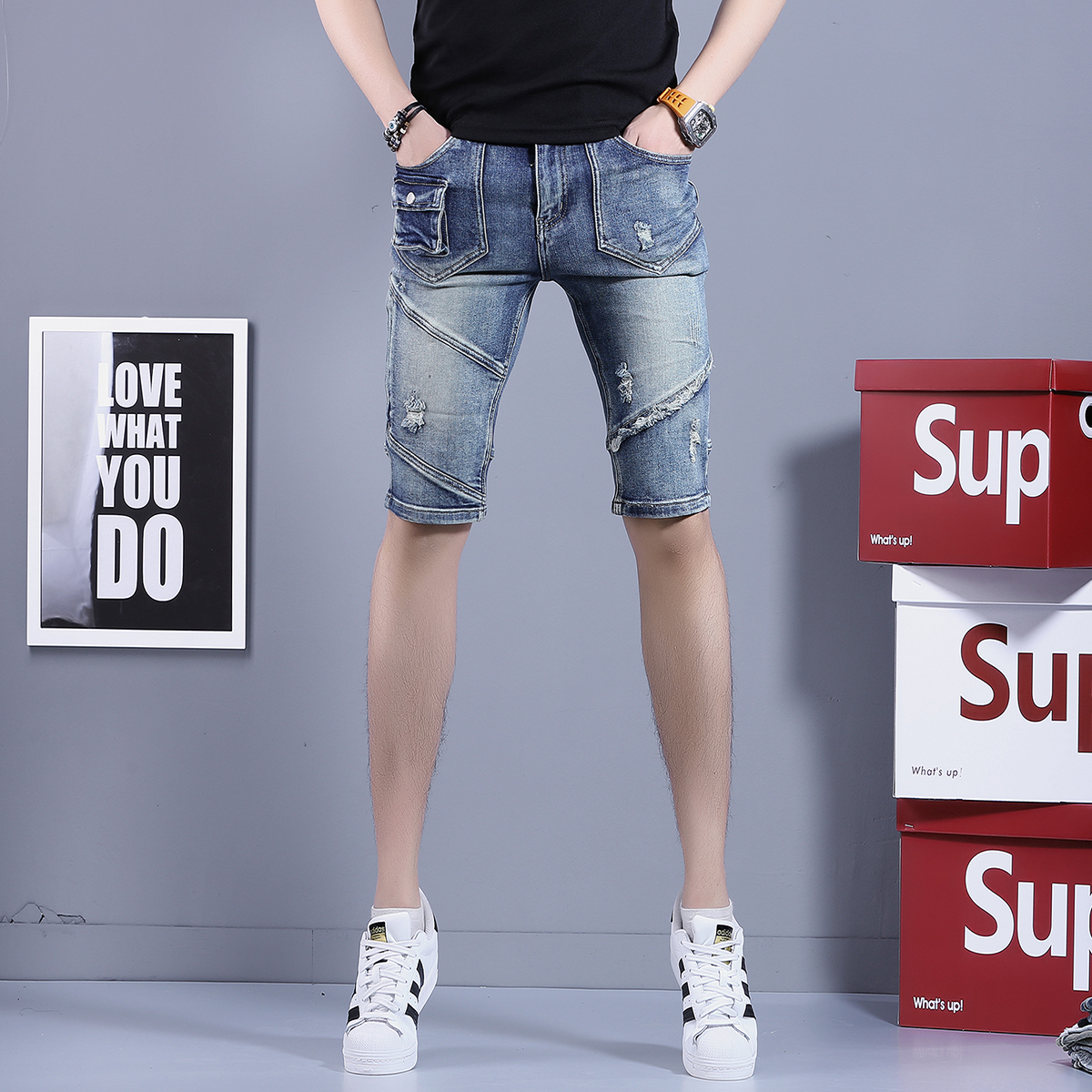 潮牌破洞拼接五分牛仔短裤男士修身中裤男款补丁毛边设计感潮男裤