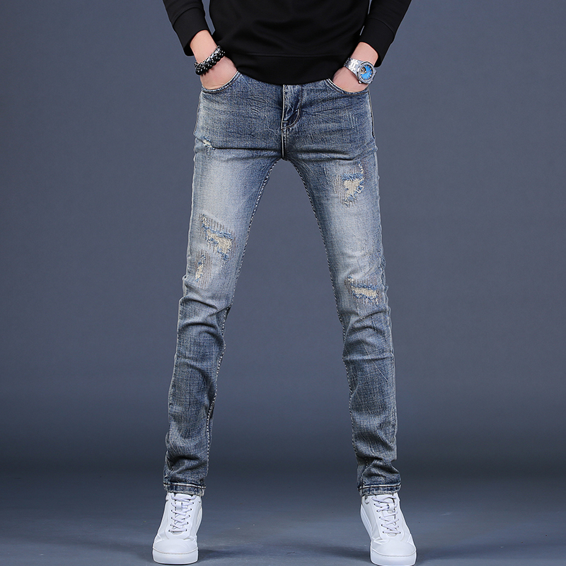 破洞牛仔裤男潮流百搭小脚裤新款休闲裤韩版宽松修身长裤男士裤子
