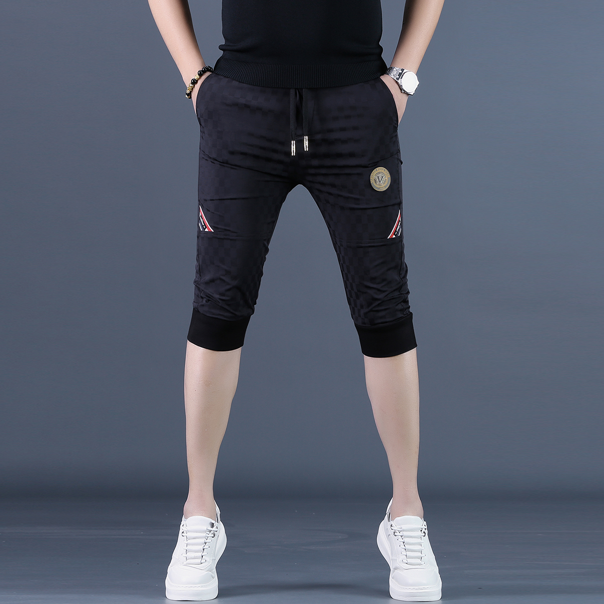 夏季高级感格子休闲裤男士裤子潮牌冰丝黑色运动裤修身薄款7分裤