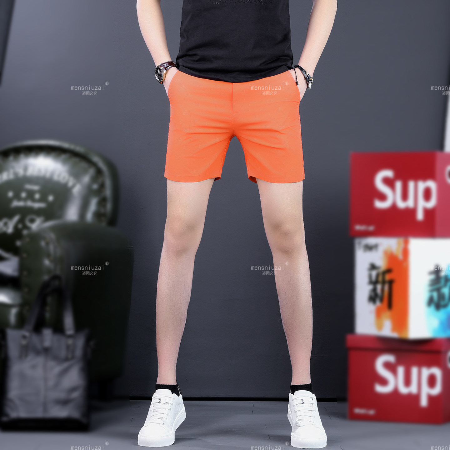 潮牌橙色短裤男夏季百搭修身韩版休闲裤户外男装薄款3分4分沙滩裤