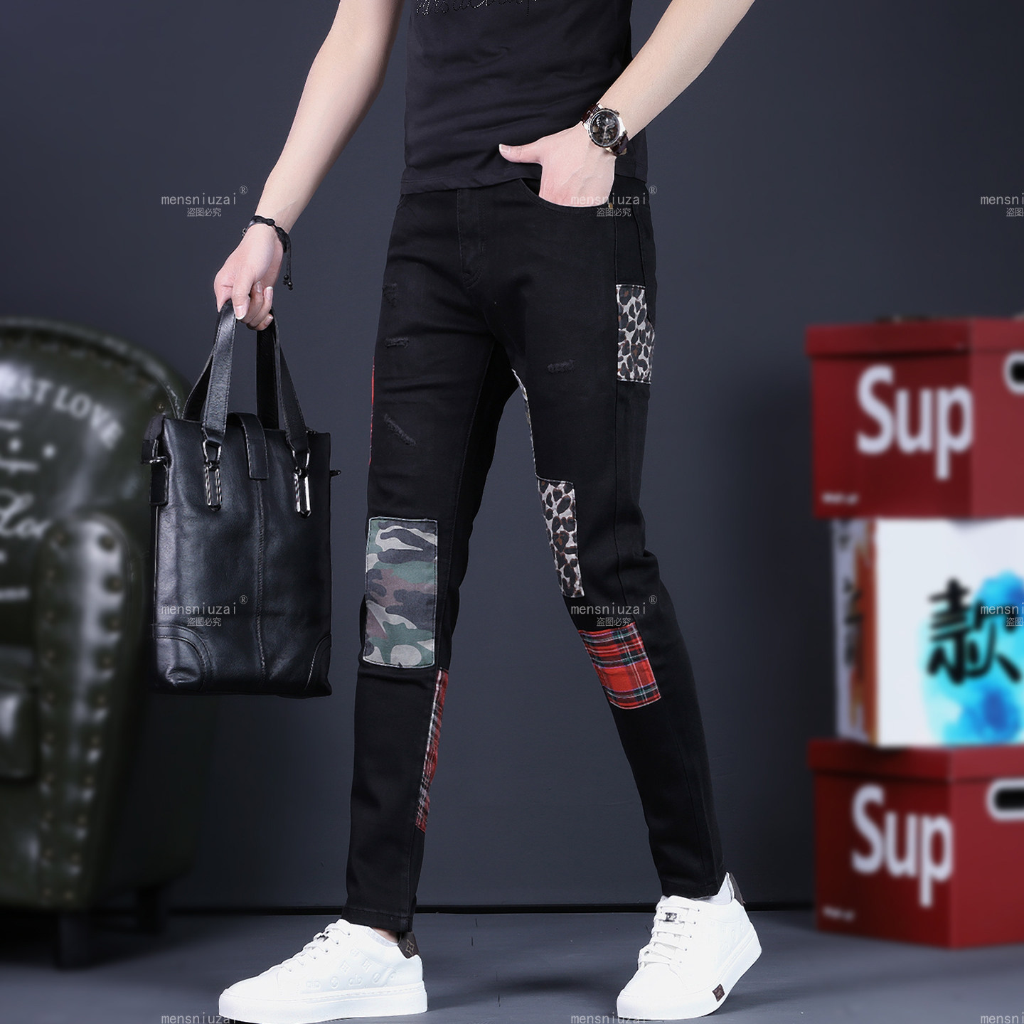 高街黑色拼接补丁牛仔裤男修身长裤韩版原创破洞贴布潮流乞丐男裤