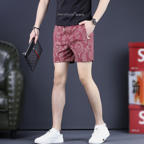 潮牌印花休闲短裤男夏季宽松抽绳运动裤四分裤男款三分系绳直筒裤