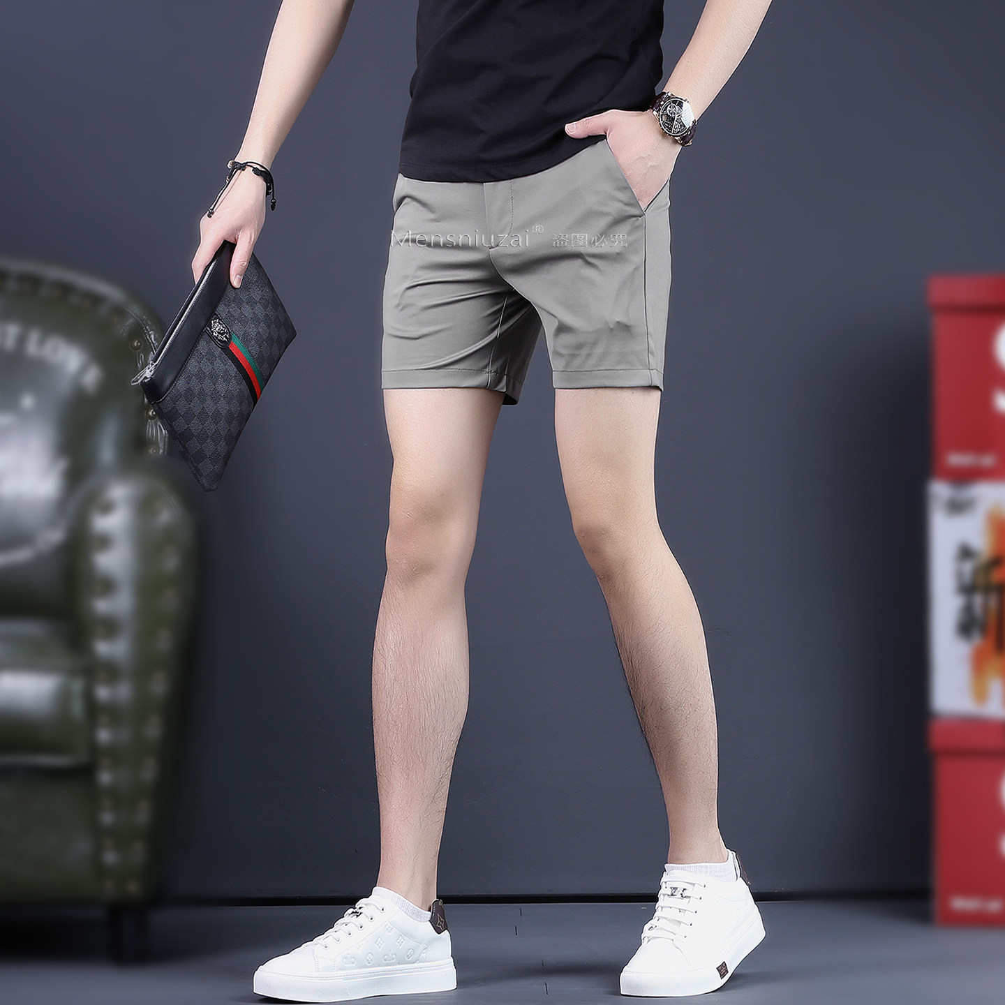 新款高品质男士休闲三分短裤夏季薄款修身百搭潮流桑蚕丝凉感男裤