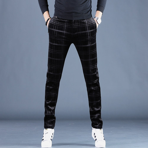 男装直筒裤潮牌棋盘格男士休闲裤弹力显瘦原创设计秋冬金丝绒西裤