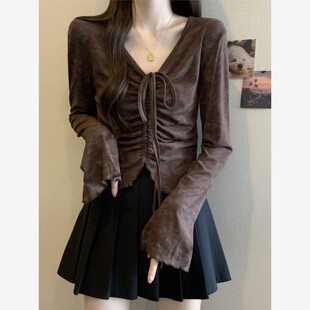 T恤2025早春款 胖mm美拉德咖色喇叭袖 高级感显瘦chic上衣 女装 大码