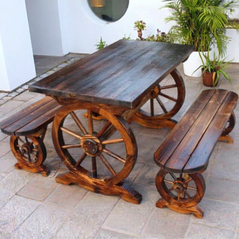 碳化实木庭院阳台车轮桌凳咖啡桌椅田园花园茶几三件套休闲组合