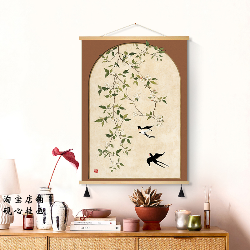 中古风入户玄关装饰画客厅壁画法式复古燕子卧室餐厅挂画布艺挂画图片