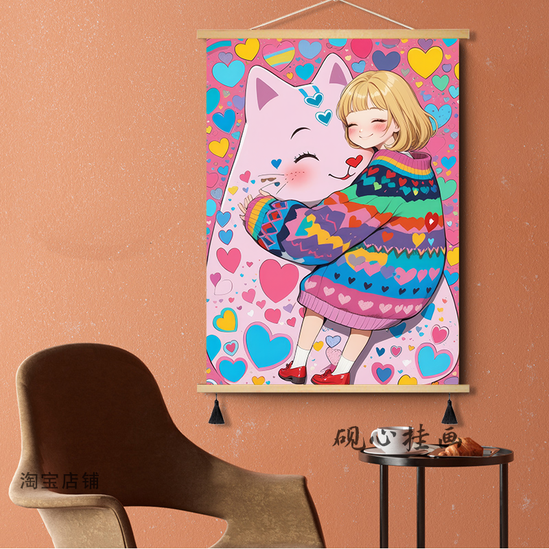 猫咪女孩儿童房卧室床头装饰画粉色壁画客厅餐厅进门玄关过道挂画图片